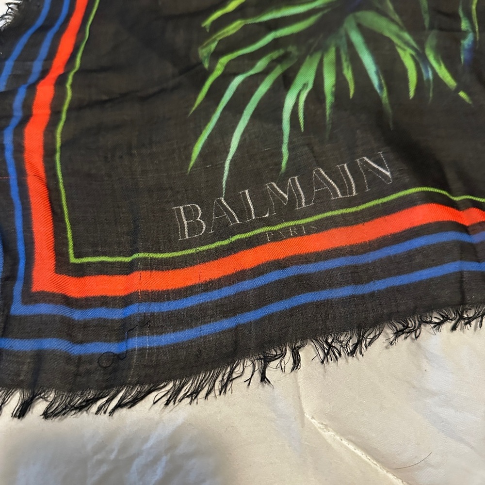 Balmain Paris Lily Flowers and Leaves Scarf with Green, Blue & Red Accents